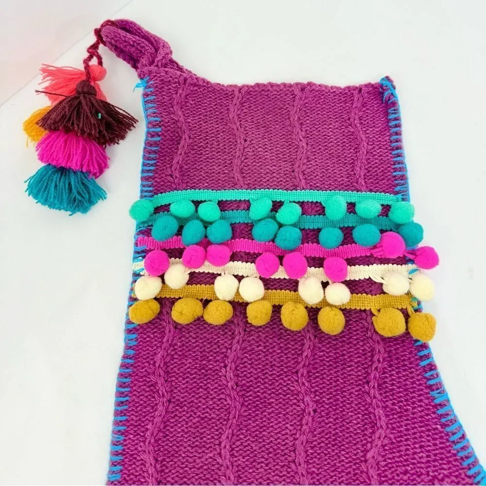 Natural Life Set of 3 Boho Christmas Stockings Purple Cable Knit PomPom Trim